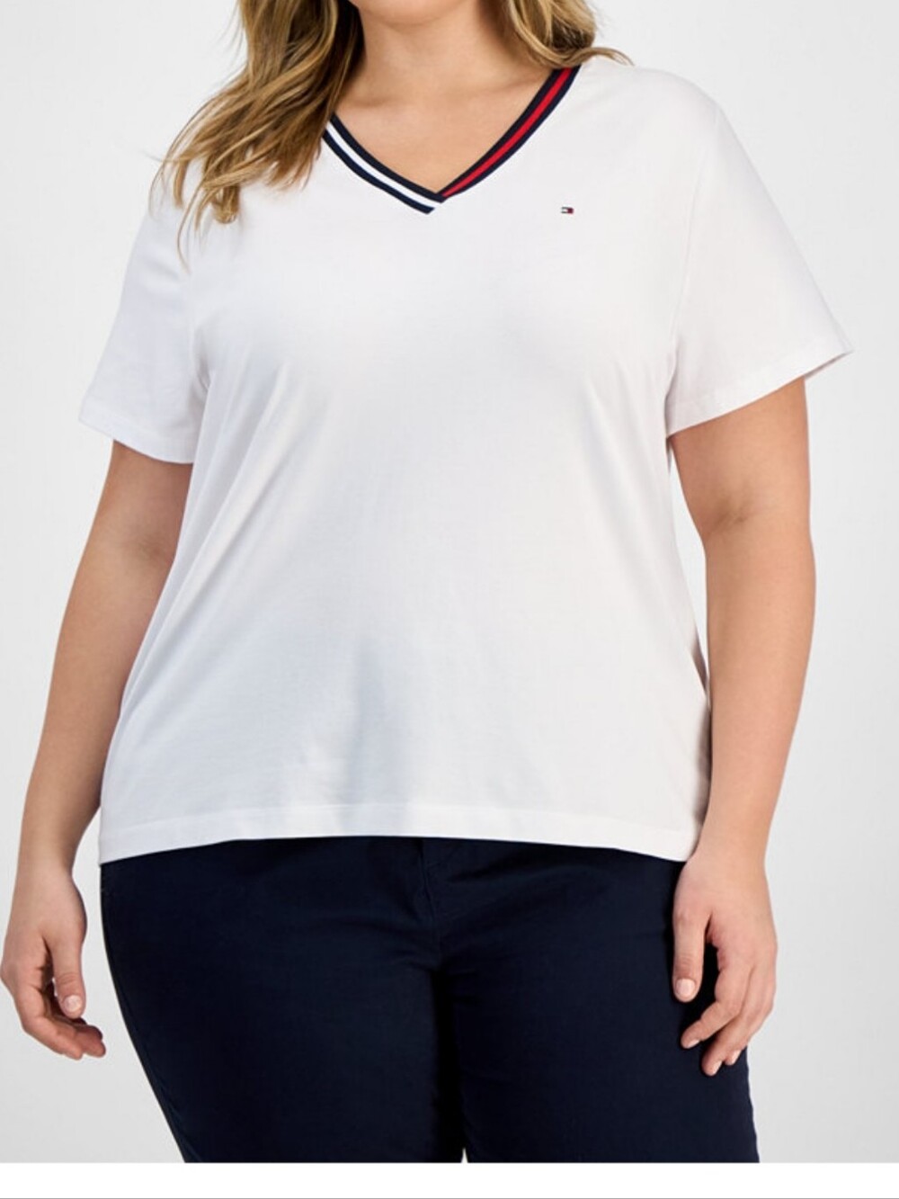 Tommy Hilfiger White V Neck Tee With Red/blue Contrast Trim. NWT. 1X